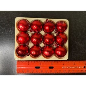 Vintage 12 Count Box of Miniature Red Plastic Ornaments 1" Hanging Chris Bulbs